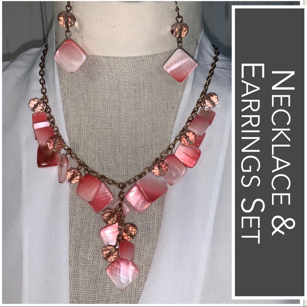 Lucite & Acrylic Jewels Necklace & Earrings in Pink & White Gradients Vintage - Picture 3 of 13